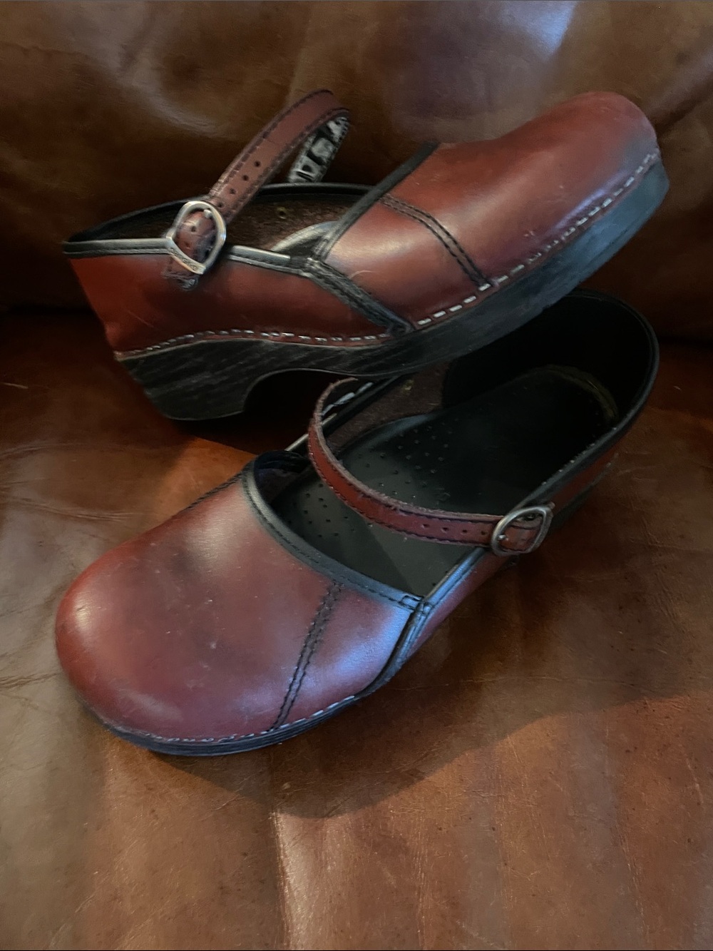 Dansko Burgundy Leather Mary Jane Clogs with Adjustable Strap